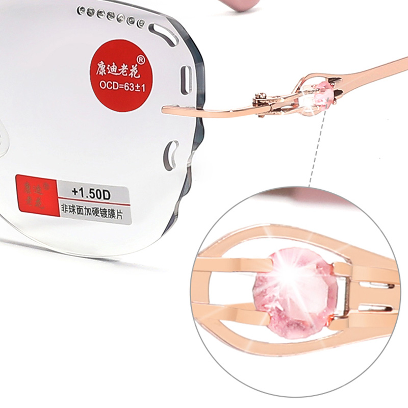 Rimless Metal Anti Blue Light Diamonds Reading Glasses Women